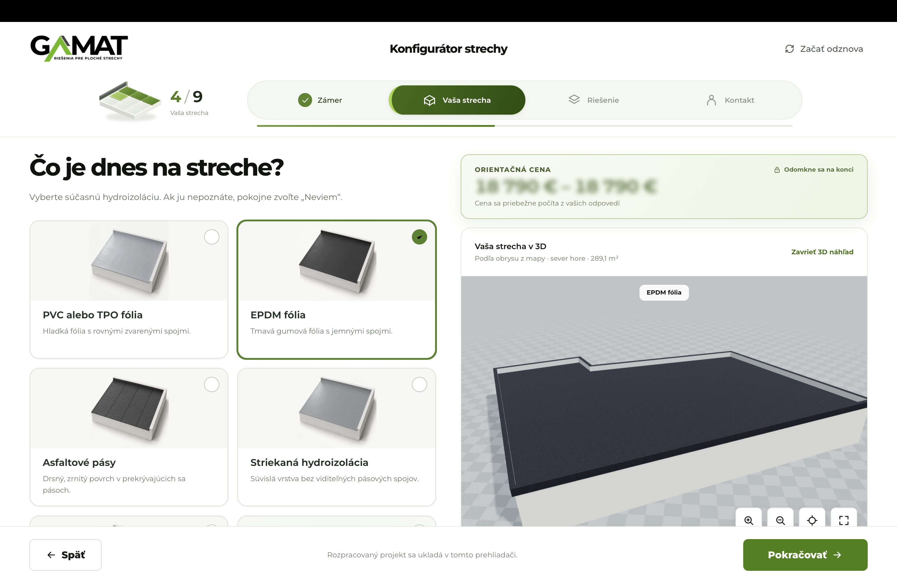3D konfigurátor GAMAT s výberom hydroizolácie a náhľadom vlastnej strechy