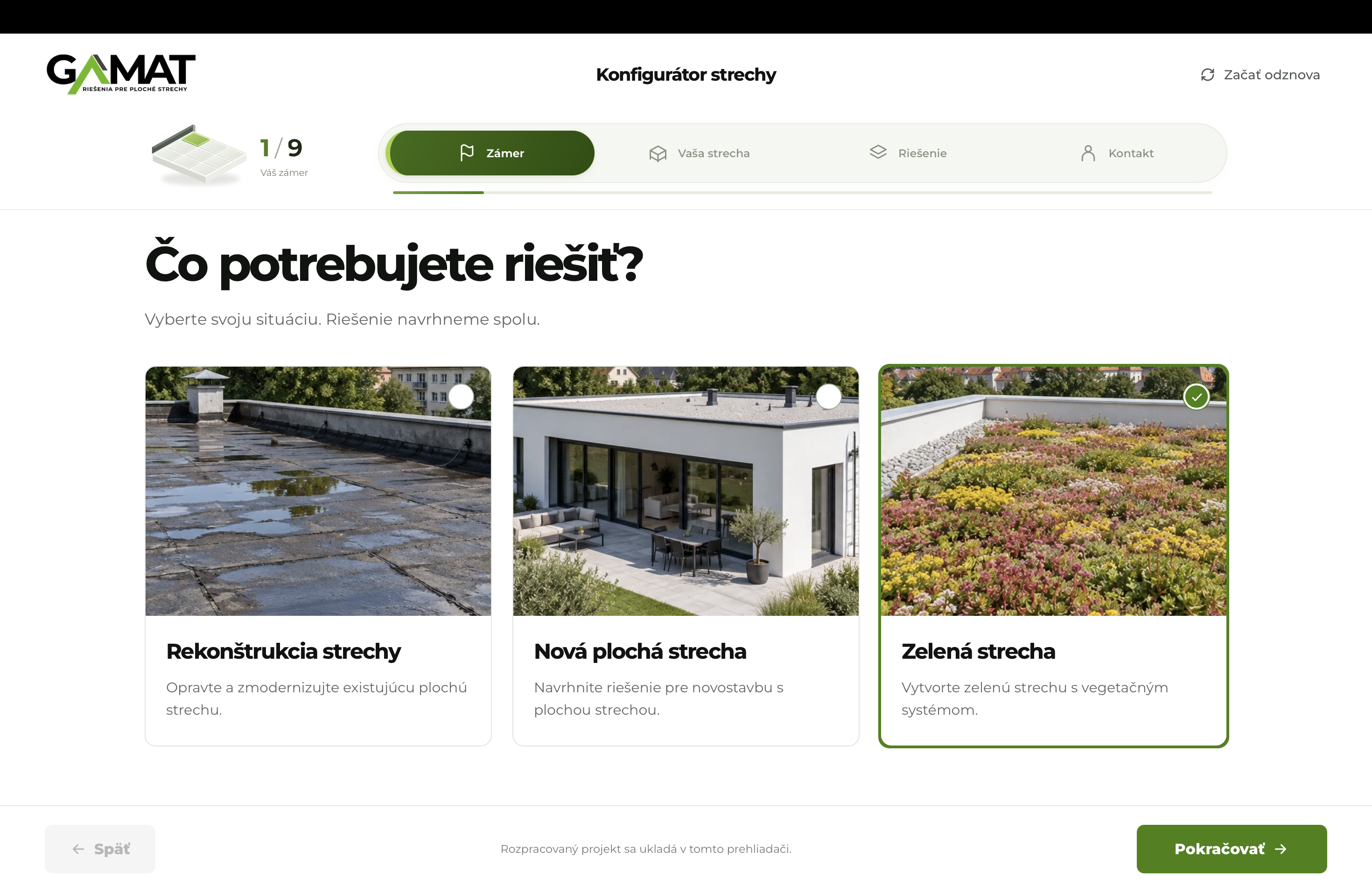 Výber rekonštrukcie, novej alebo zelenej strechy v konfigurátore GAMAT