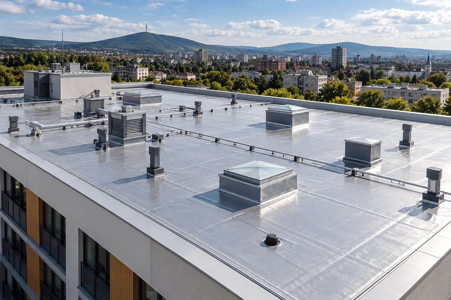 Dokončená hydroizolovaná a zateplená plochá strecha